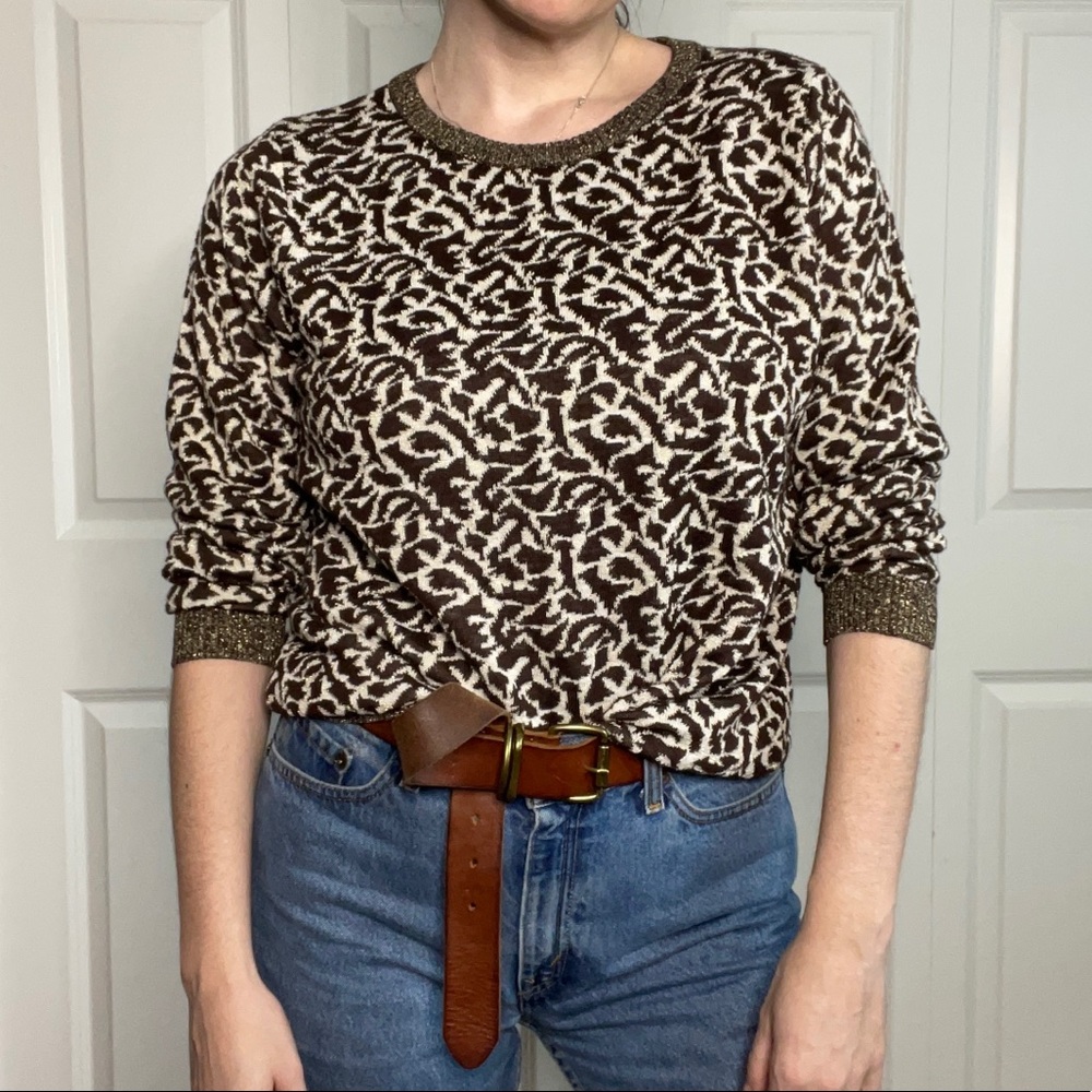 VTG Sparkly Crew Neck Sweater Brown w/ Gold Metallic Thread Cathy Daniels L